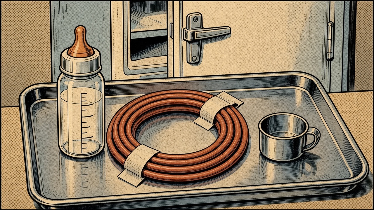 Comic: bottle, feeding tube, unlocked fridge
