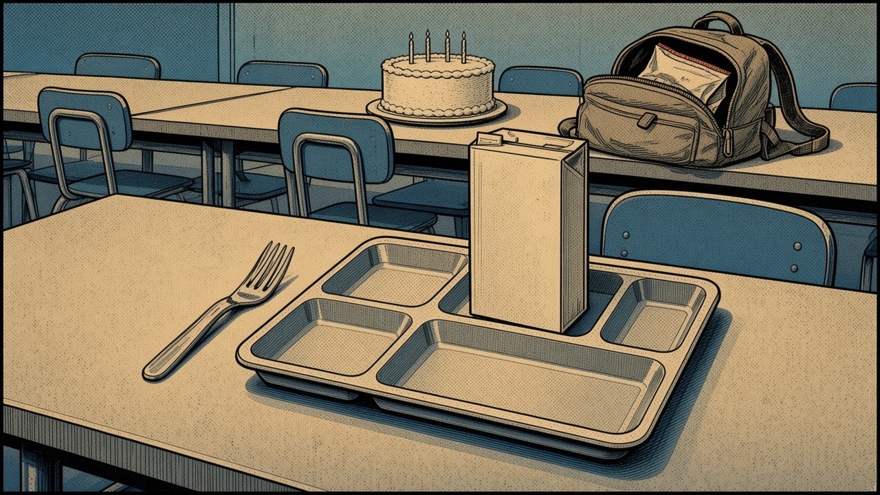 Comic: cafeteria tray, cake, backpack snacks