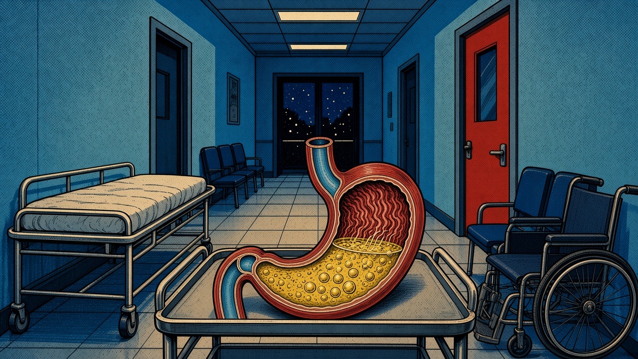 Comic: dilated stomach cutaway in an empty corridor
