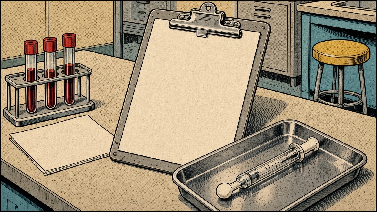 Comic: lab bench with tubes and blank report