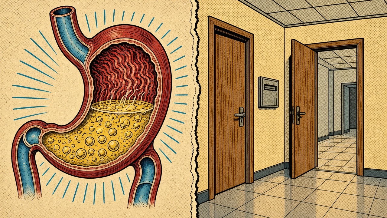 Comic drawing of two empty doorways and a blank mailbox