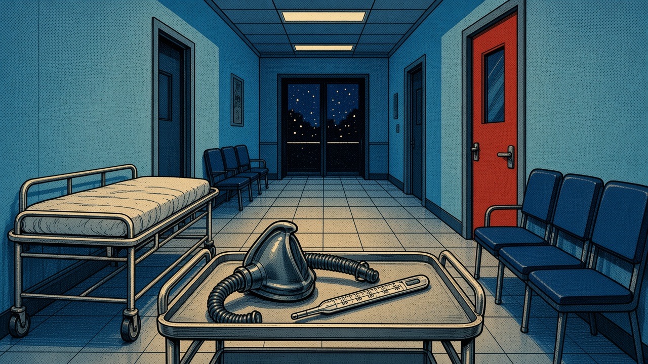 Comic drawing of an empty hospital corridor and a cart with a mask
