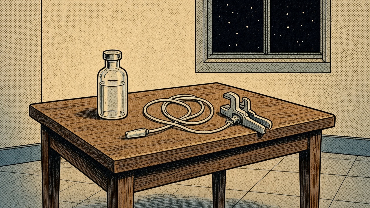 Comic drawing of a medicine vial and a sleep-study cannula on a night table