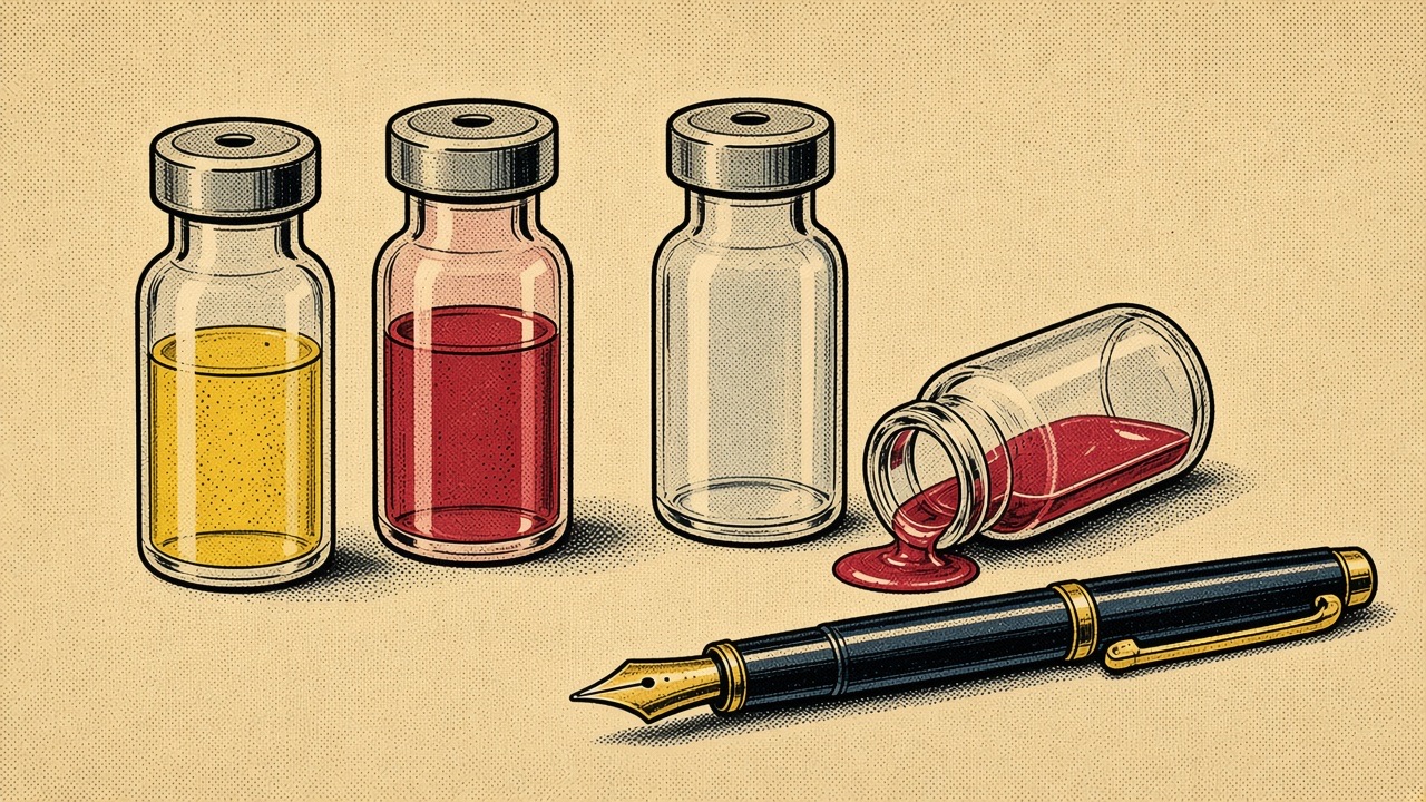 Comic drawing of medicine vials in a row on a desk