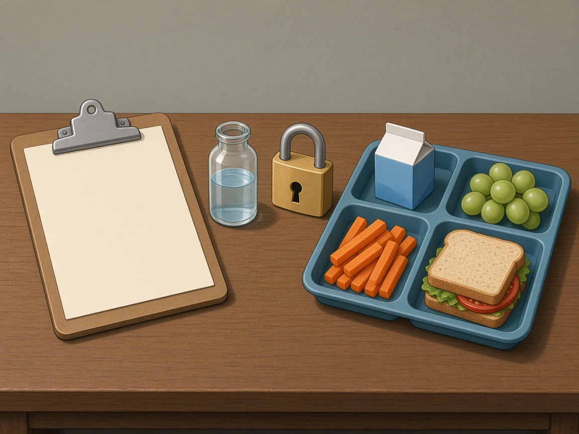 Comic props: clipboard, vial, padlock, tray