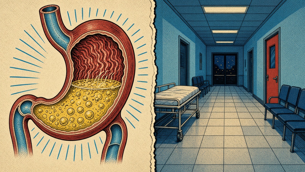 Educational comic: stomach cutaway with no face, empty corridor