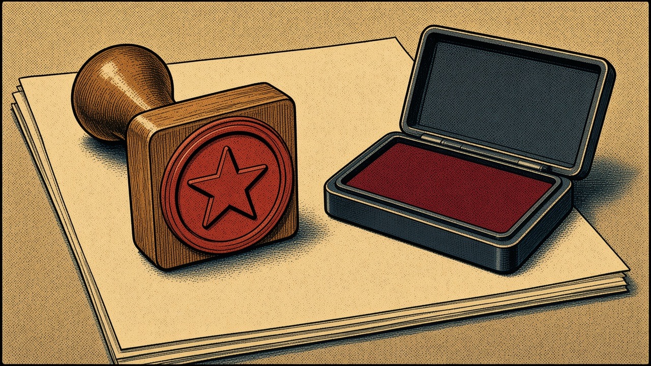 Comic drawing of a rubber stamp and ink pad on blank paper