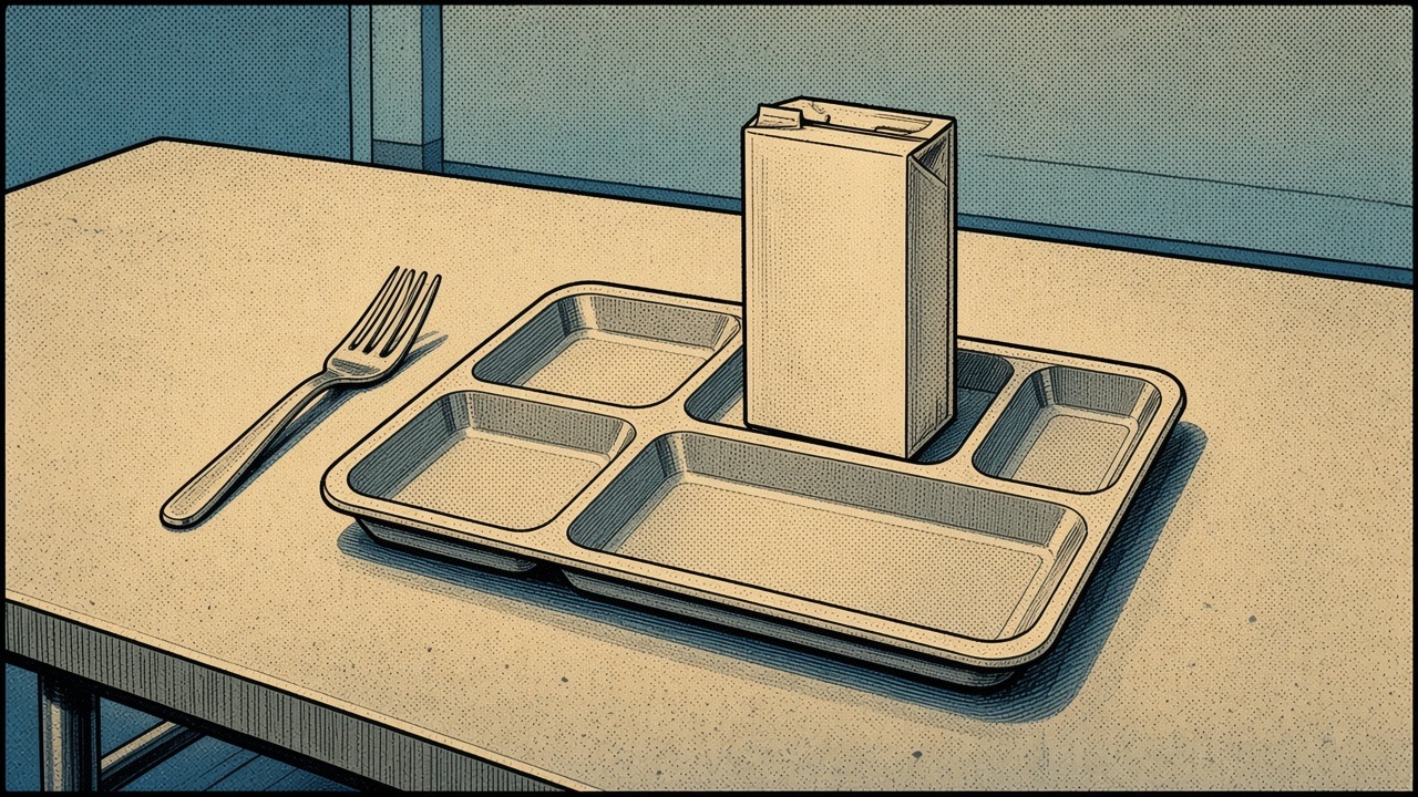 Comic drawing of an empty cafeteria lunch tray