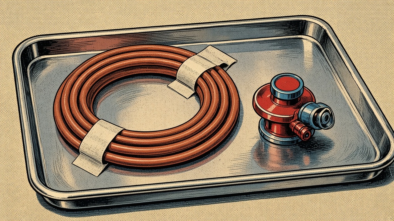 Comic drawing of a nasogastric tube and a gastrostomy button on a tray
